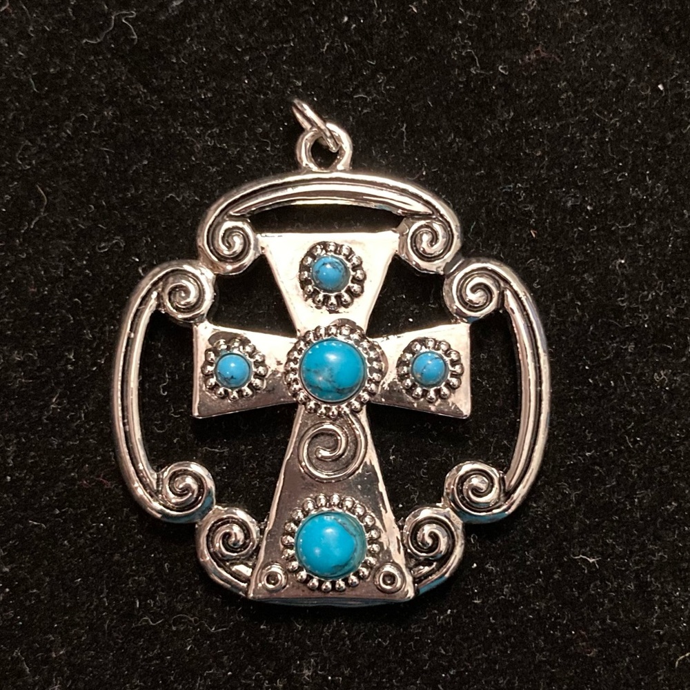 Silvertone Faux Turquoise Spiral Cross Pendant